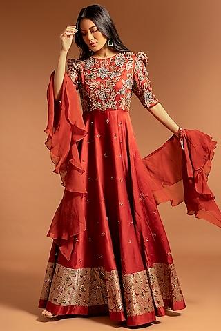 scarlet red embroidered gown
