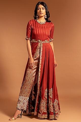 scarlet red embroidered slitted gown