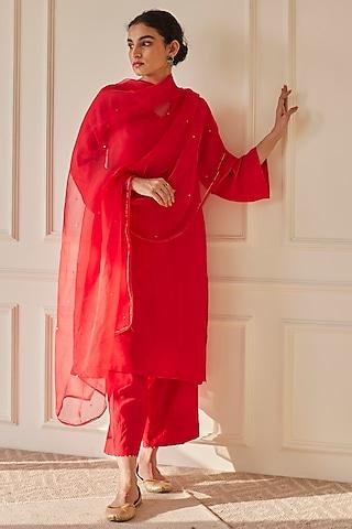 scarlet red habutai silk pearl embellished kurta set