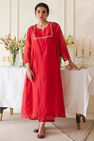 scarlet red handwoven chanderi sequins embellished kurta set