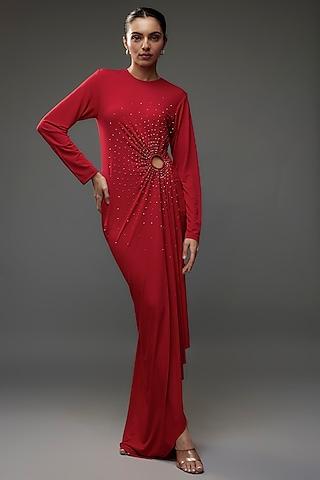 scarlet red jersey embroidered gown