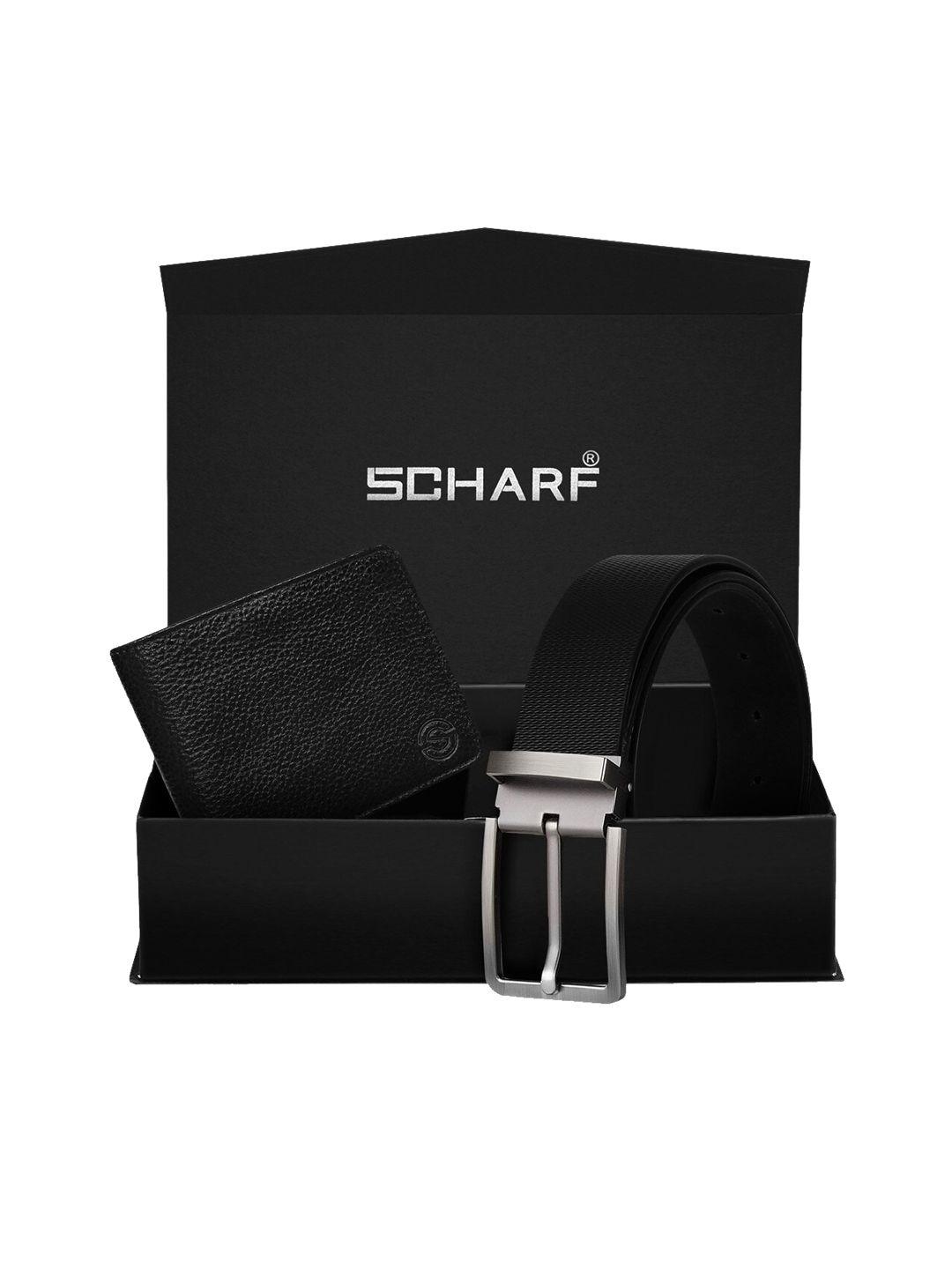 scharf men black genuine leather belt & wallet accessory gift set