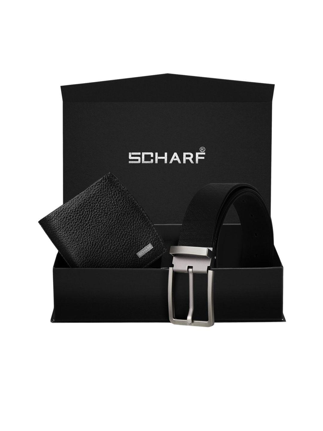 scharf men black genuine leather belt & wallet accessory gift set