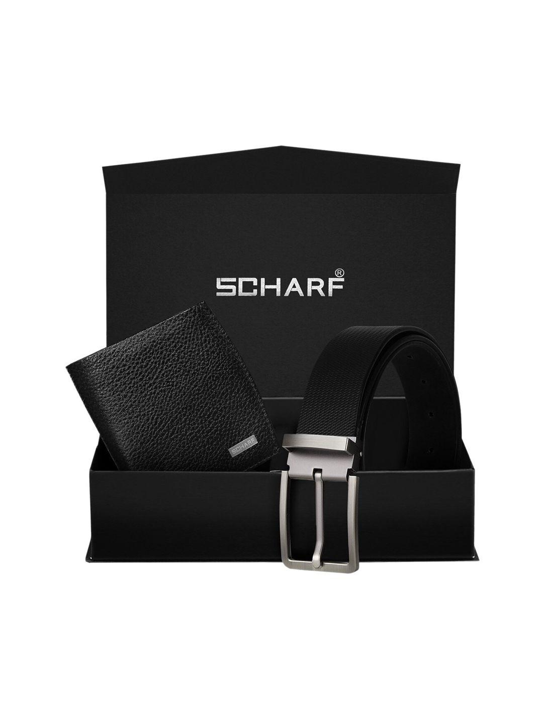 scharf men black genuine leather formal belt & wallet gift set