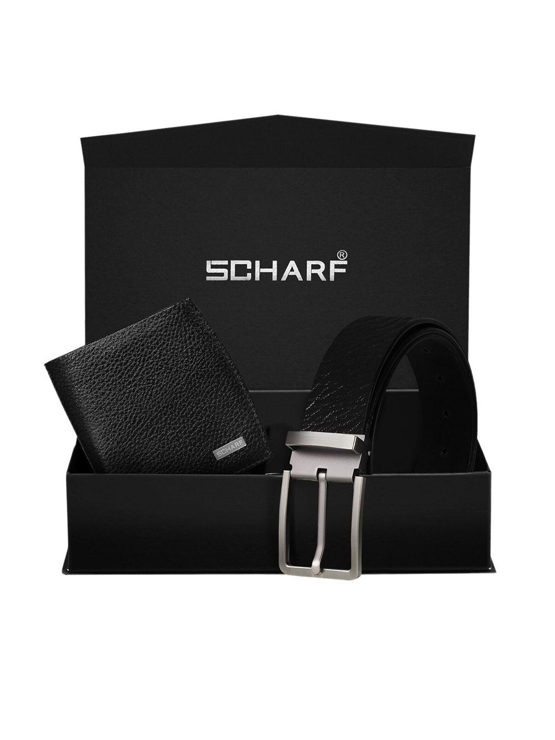 scharf men black genuine leather formal belt & wallet gift set