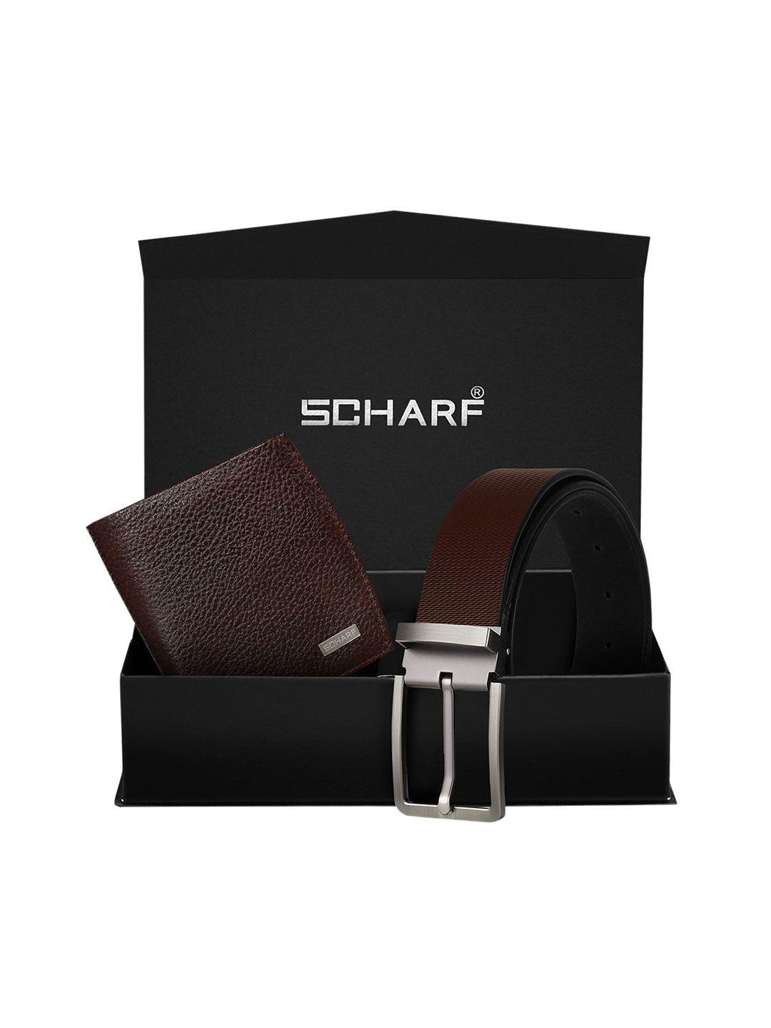 scharf men brown genuine leather formal belt & wallet gift set