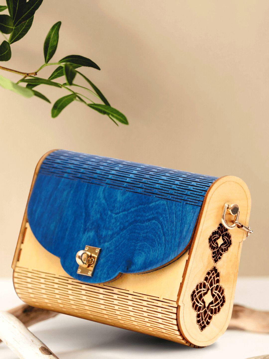 scherico beige & blue rush premium wooden handbag