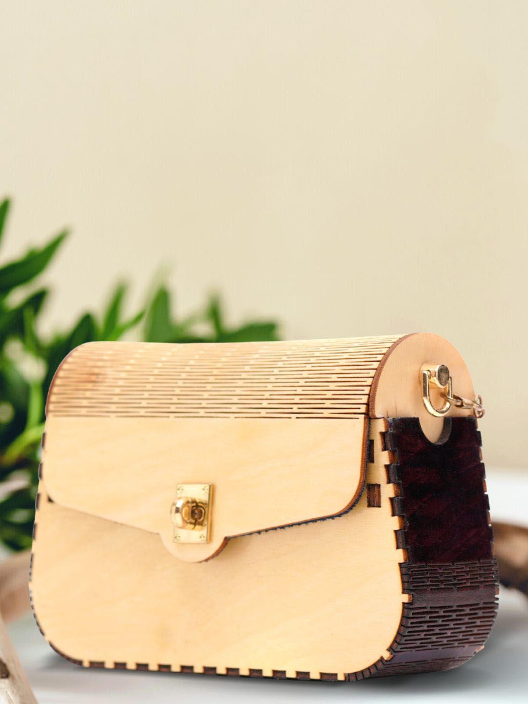 scherico beige & magenta scallop premium wooden handbag