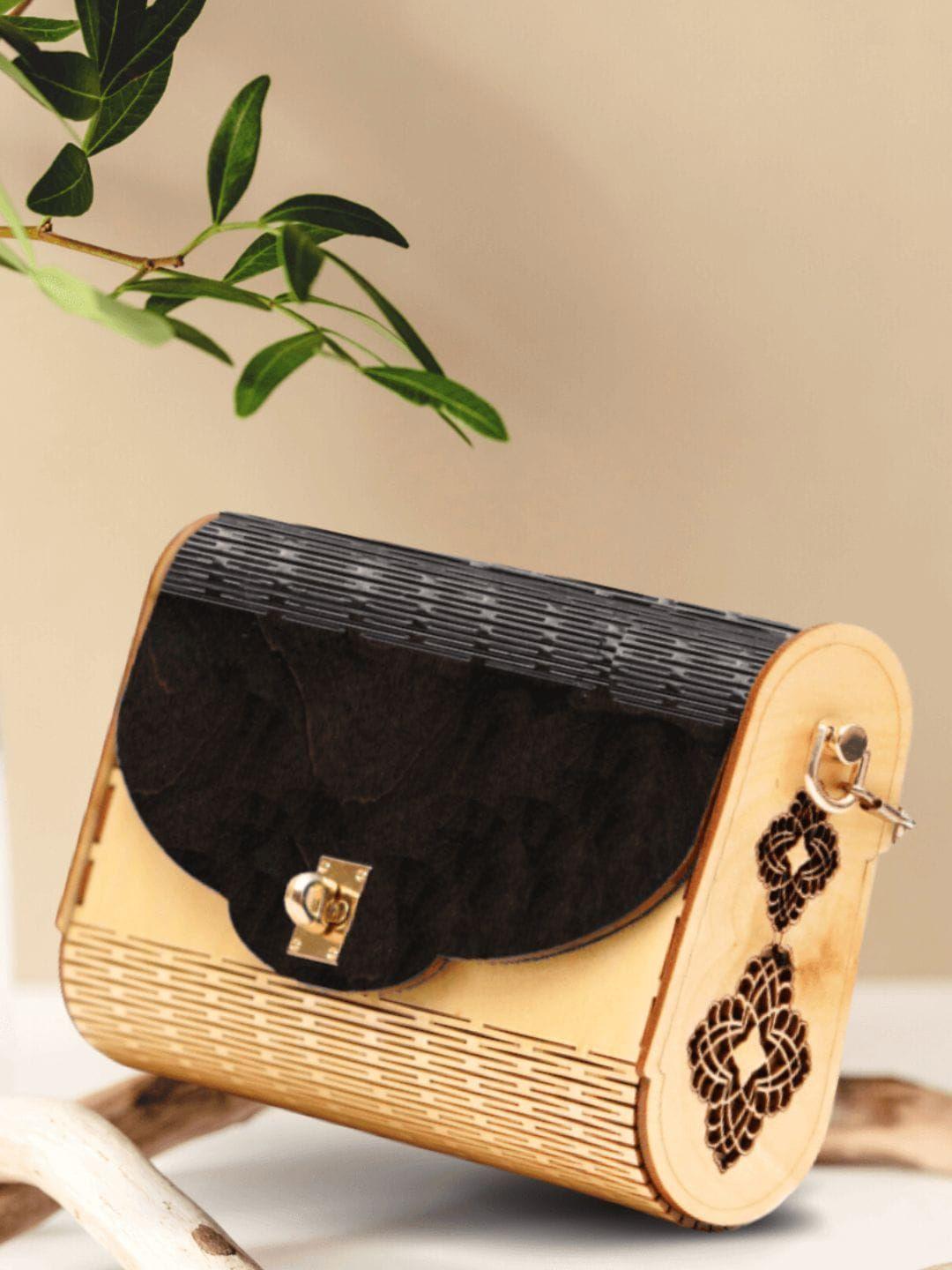 scherico women's beige & black rush premium wooden handbag