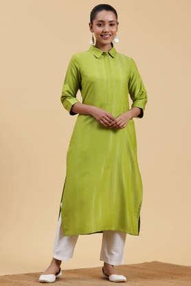 schiffli cotton collared women's casual wear kurta - green