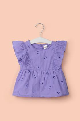 schiffli cotton round neck infant girl's top - lilac