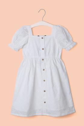 schiffli cotton square neck girl's casual wear dress - white