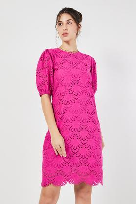 schiffli blended fabric round neck women's knee length dress - fuchsia