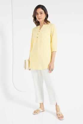 schiffli cut kurta for women - yellow