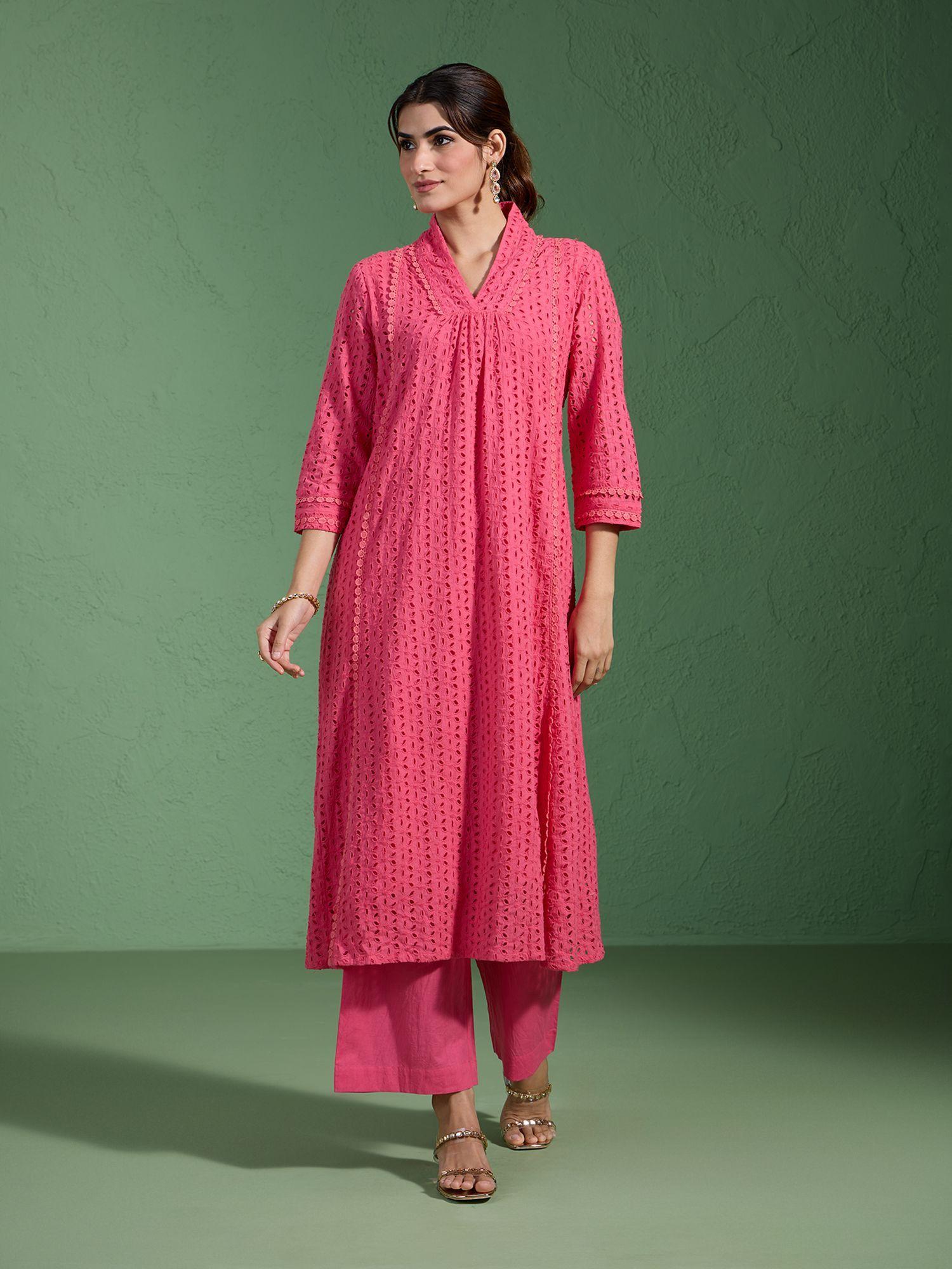 schiffli embroidered cotton a line coral kurta & pant likschks02 (set of 2)