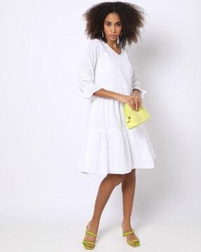 schiffli embroidered fit & flare dress with camisole