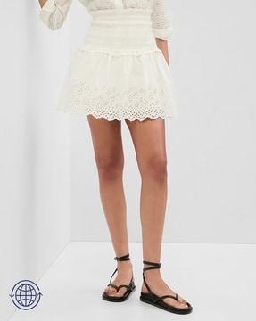 schiffli embroidered mini skirt with smocked accent