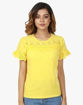 schiffli embroidered round-neck top