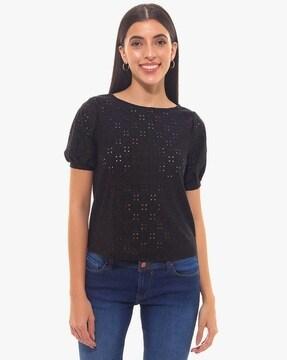 schiffli embroidered round-neck top