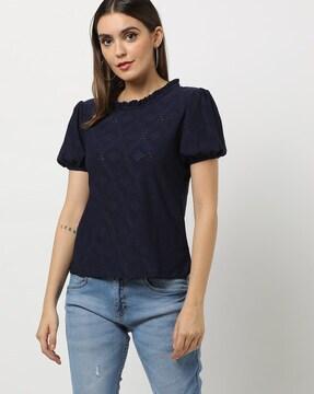 schiffli embroidered round-neck top