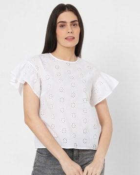 schiffli embroidered round-neck top