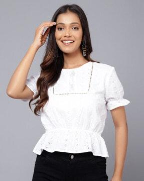 schiffli embroidered round-neck top