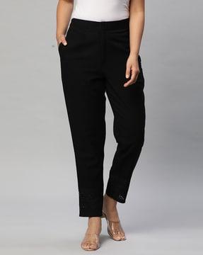 schiffli embroidered slim fit flat-front pants