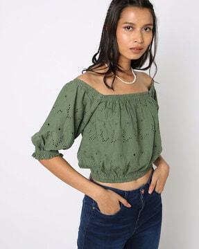 schiffli embroidered slim fit off-shoulder blouse