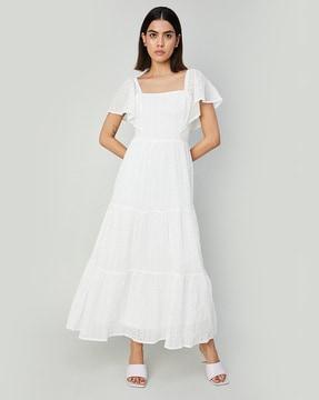 schiffli embroidered square-neck tiered dress