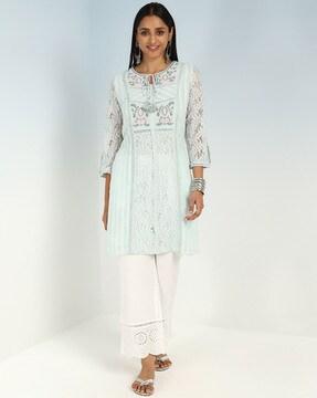 schiffli embroidered straight kurti with neck tie-up