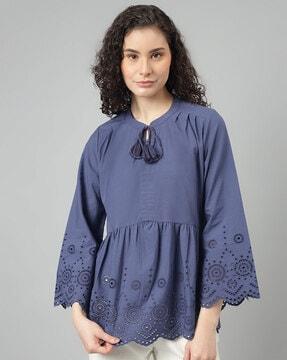 schiffli embroidered top with neck tassels