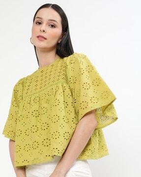 schiffli embroidered top with puff sleeves