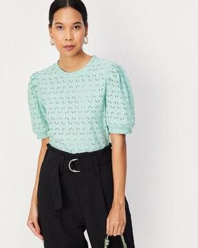 schiffli embroidered top with puff sleeves