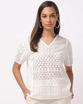 schiffli embroidered v-neck cotton top