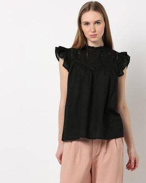 schiffli embroidered yoke top with ruffle sleeves