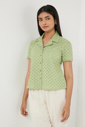 schiffli linen collared women's shirt - green