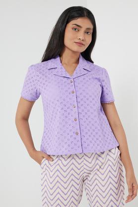schiffli linen collared women's shirt - lilac