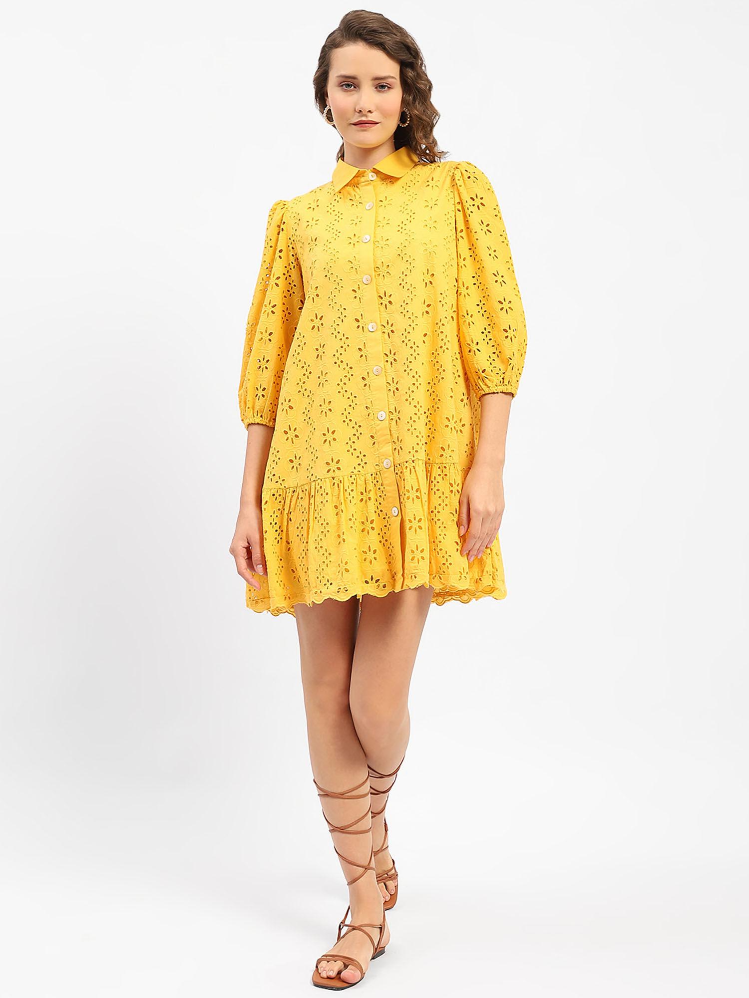 schiffli mustard yellow tiered shirt dress