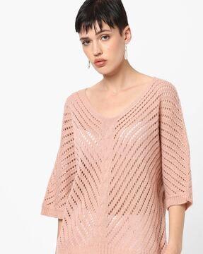 schiffli panelled v-neck pullover with batwing sleeves