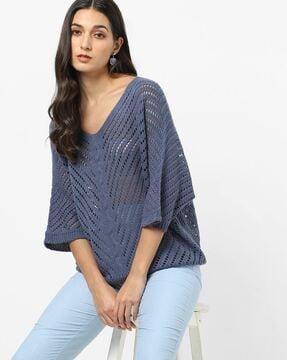 schiffli panelled v-neck pullover with batwing sleeves