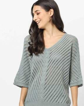 schiffli panelled v-neck pullover with batwing sleeves