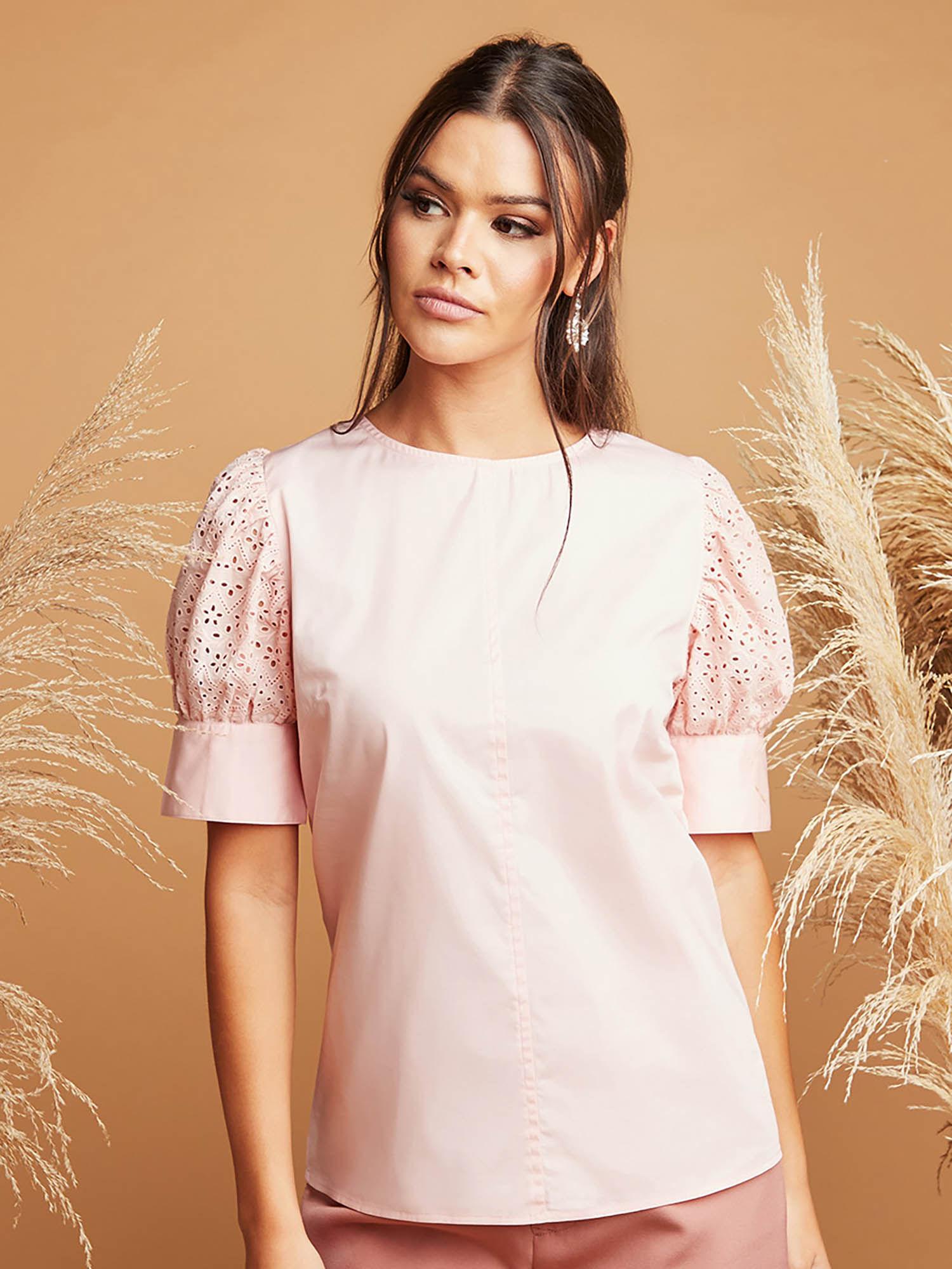 schiffli puff sleeves regular fit blouse pink