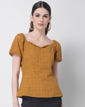 schiffli top with puffed sleeves