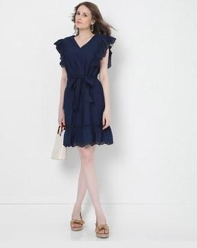 schiffli v-neck fit & flare dress