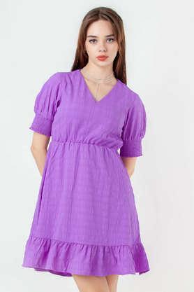schiffli v-neck polyester women's dress - grape