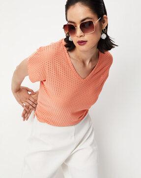 schiffli v-neck top