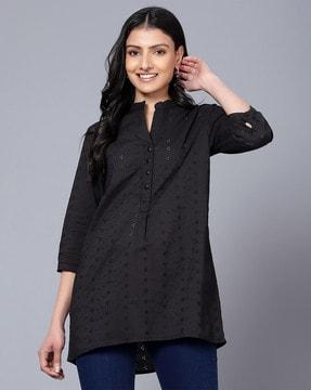 schiflli embroidered tunic with band collar