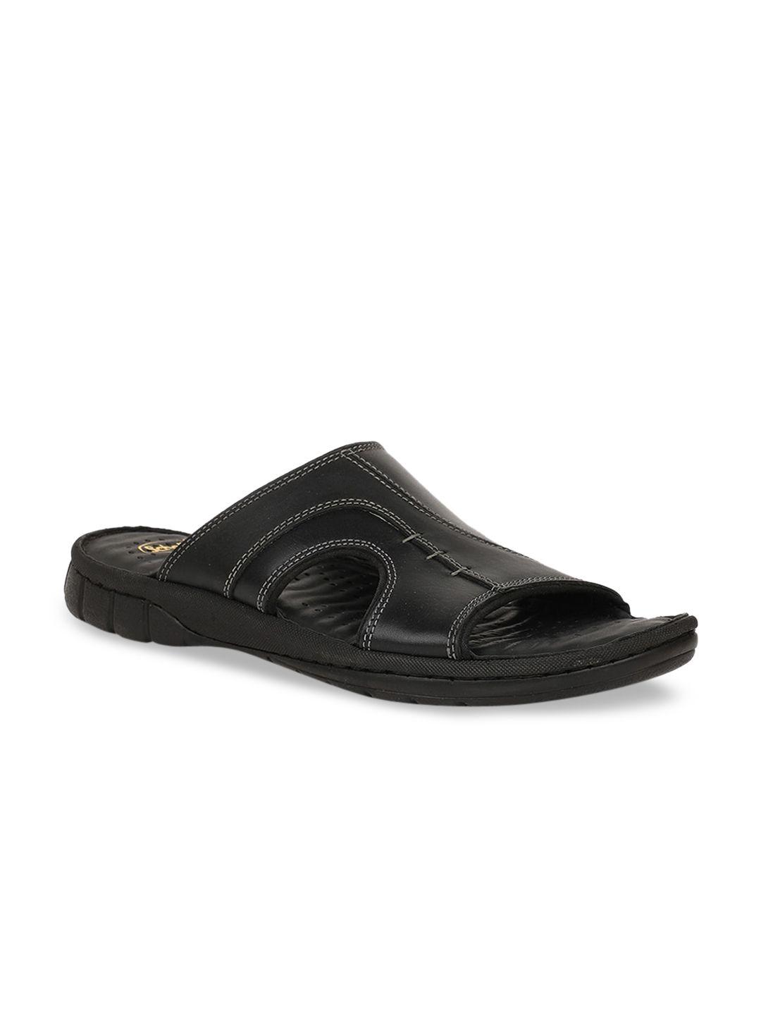 scholl men black solid leather comfort sandals
