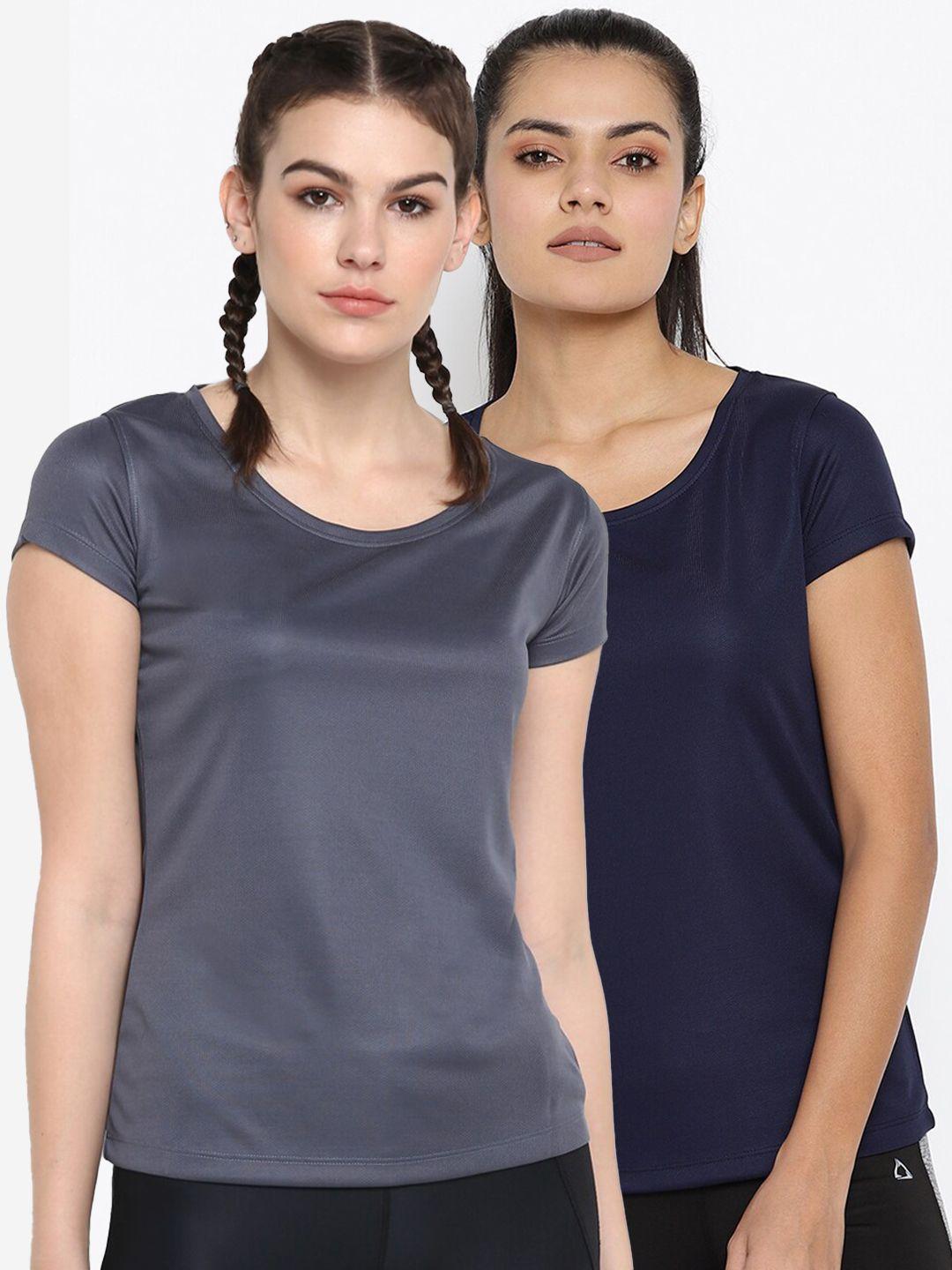 scoldme women set of 2 grey & navy blue slim fit t-shirts