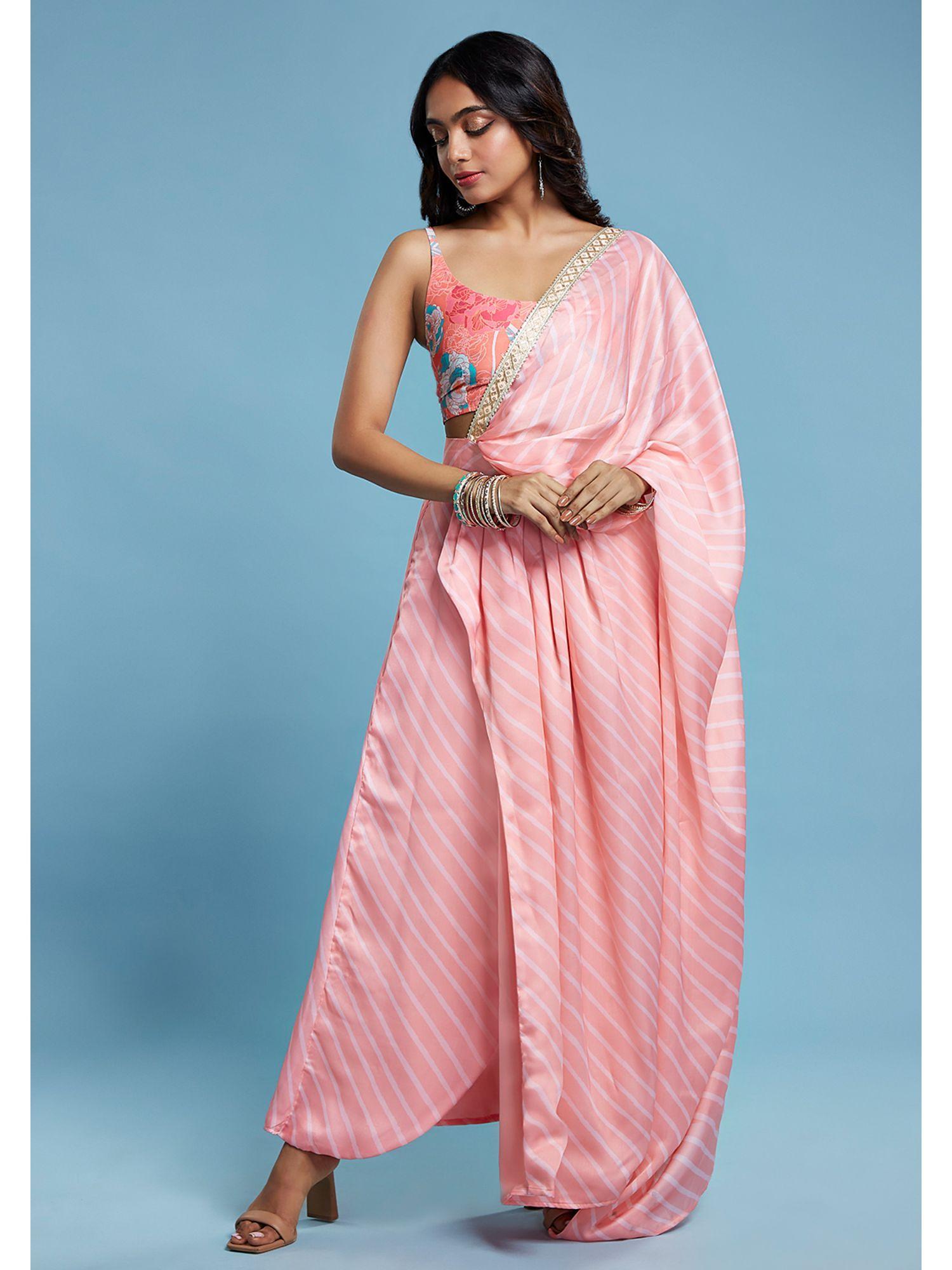 scoop blouse with pre draped saree with stitched blouse